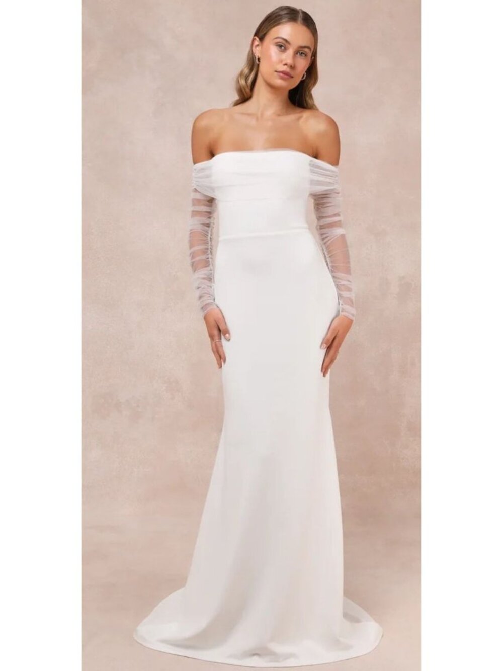 Lulus Beautifully Beloved White Mesh Off-the-Shoulder Maxi Dress Size Small NWT!
